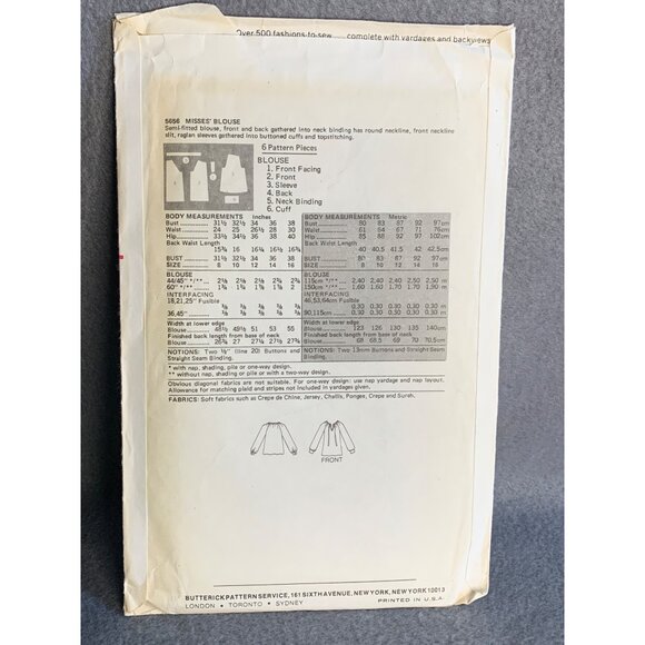 Butterick Misses Blouse Shirt Sewing Pattern sz 14 5656 - uncut - Picture 3 of 3